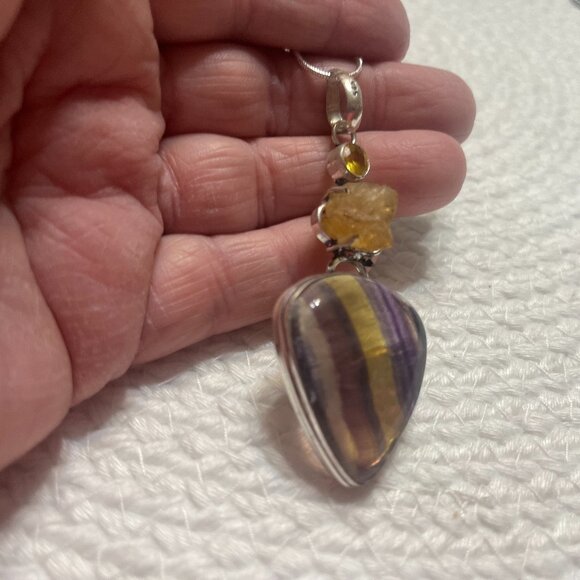 Beautiful FLUORITE & ROUGH CITRINE Handmade Sterling 925 Pendant/Chain #587D - Picture 1 of 3